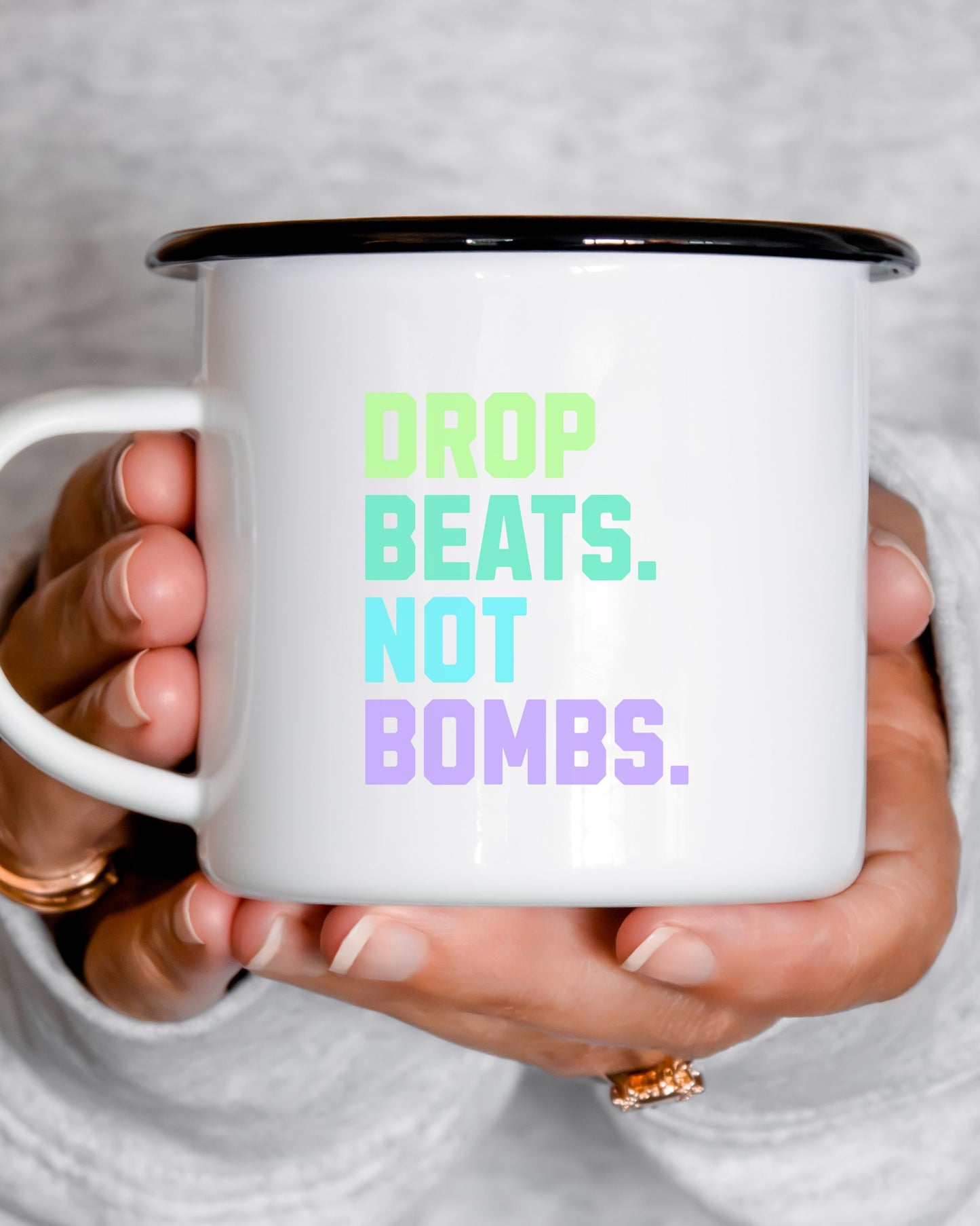 Drop Beats Not Bombs Mug – Colorful Peace Music Activist Coffee Cup