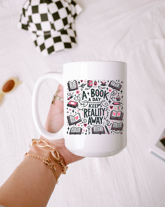 A Book a Day Keeps Reality Away Mug – Cozy Book Lover Gift with Cute Details
