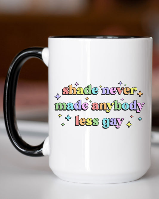 White mug with colorful text on a blurred background
