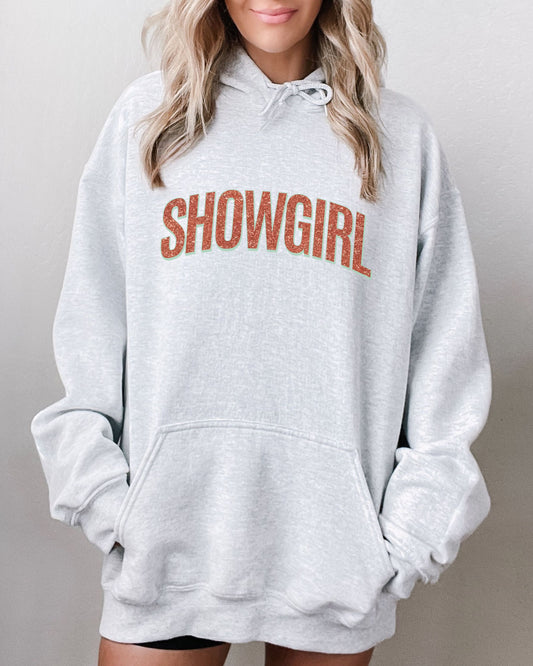 Showgirl Hoodie – Glitter-Effect Printed Vintage Graphic Pullover