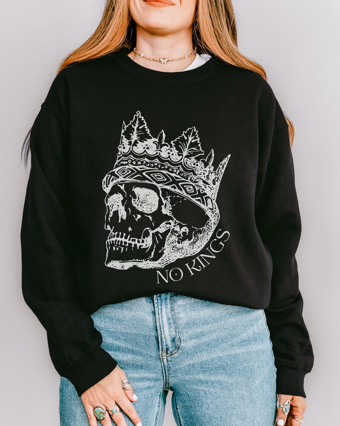 No Kings Sweatshirt – Gildan Skull Crown Political Protest Crewneck