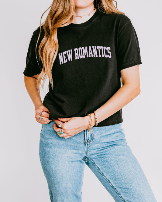 New Romantics Crop Top – Comfort Colors Collegiate Font Graphic Tee