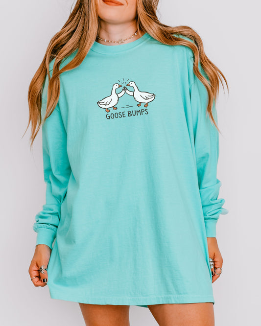 Person wearing a turquoise long-sleeve shirt with 'GOOSE BUMPS' graphic on a plain background