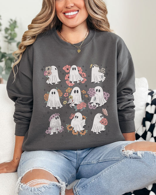 Ghosts & Flowers Distressed Sweatshirt – Gildan Crewneck with Cottage core Graphic