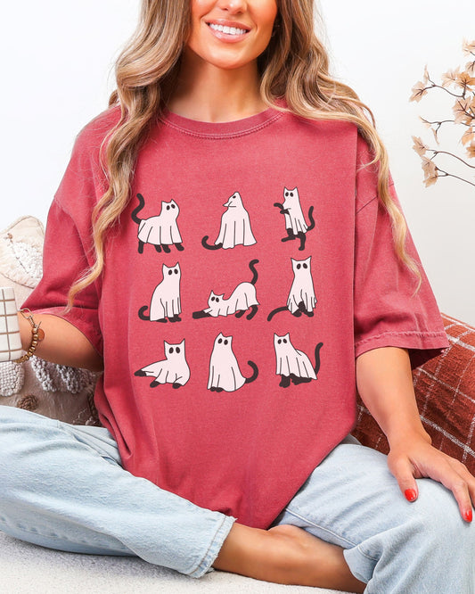 Cute Ghost Cats T-Shirt – Comfort Colors Vintage Halloween Cat Graphic Tee