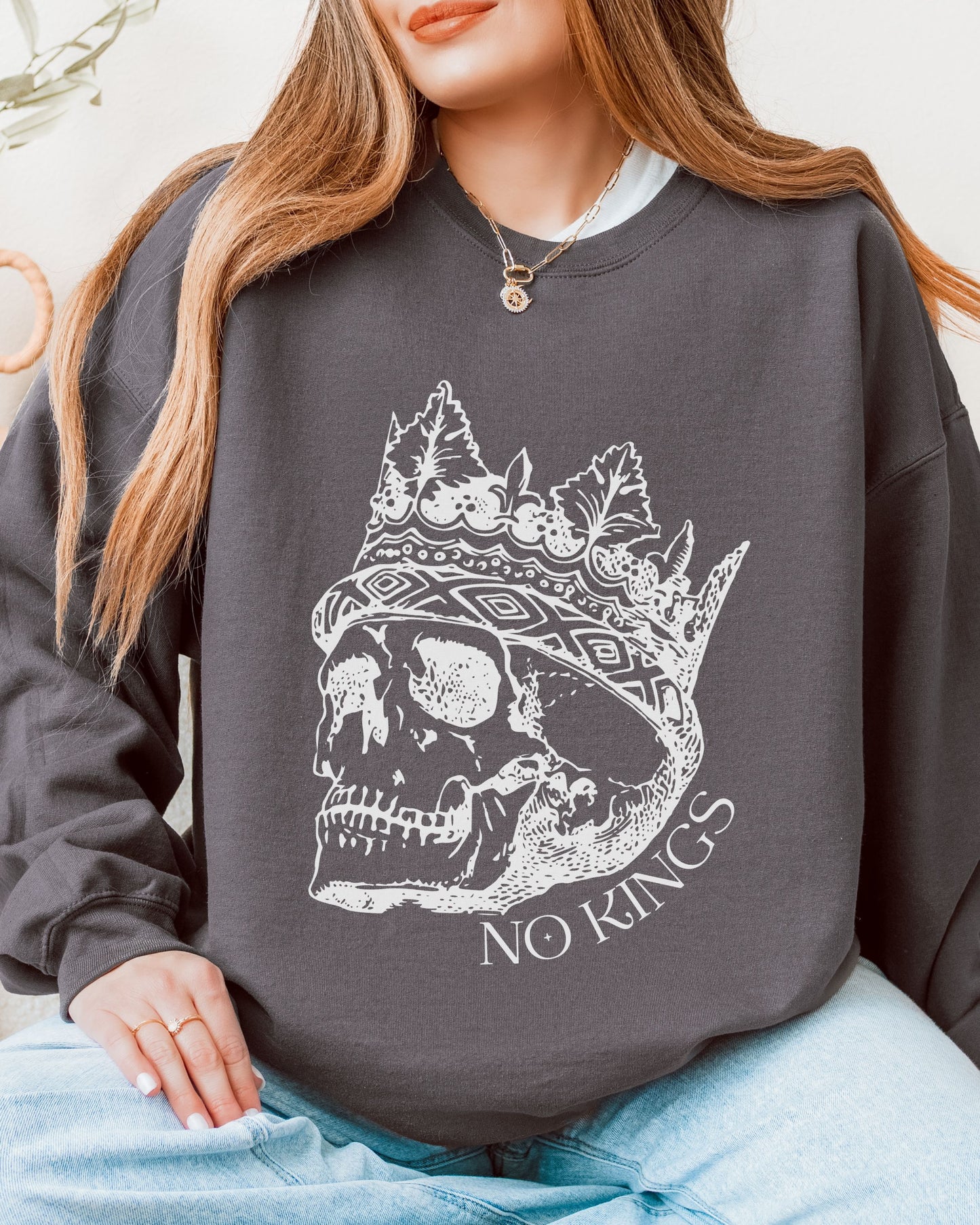 No Kings Sweatshirt – Gildan Skull Crown Political Protest Crewneck