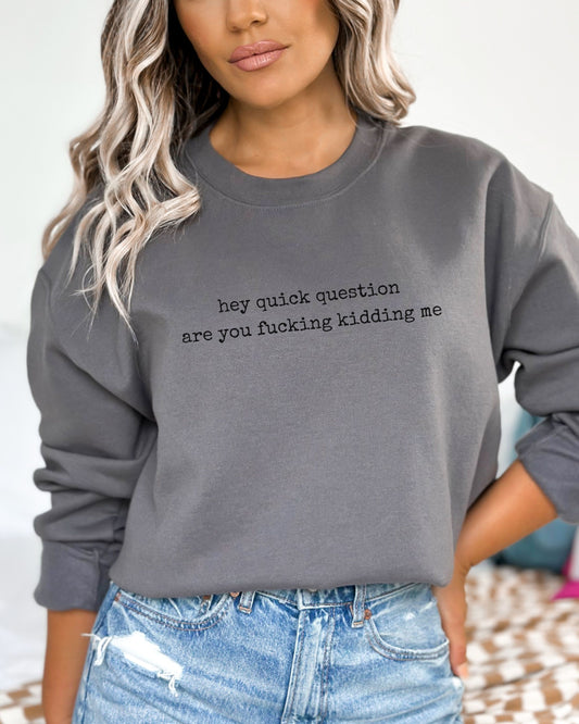 Hey Quick Question Are You Fucking Kidding Me Sweatshirt – Funny Sarcastic Graphic Crewneck