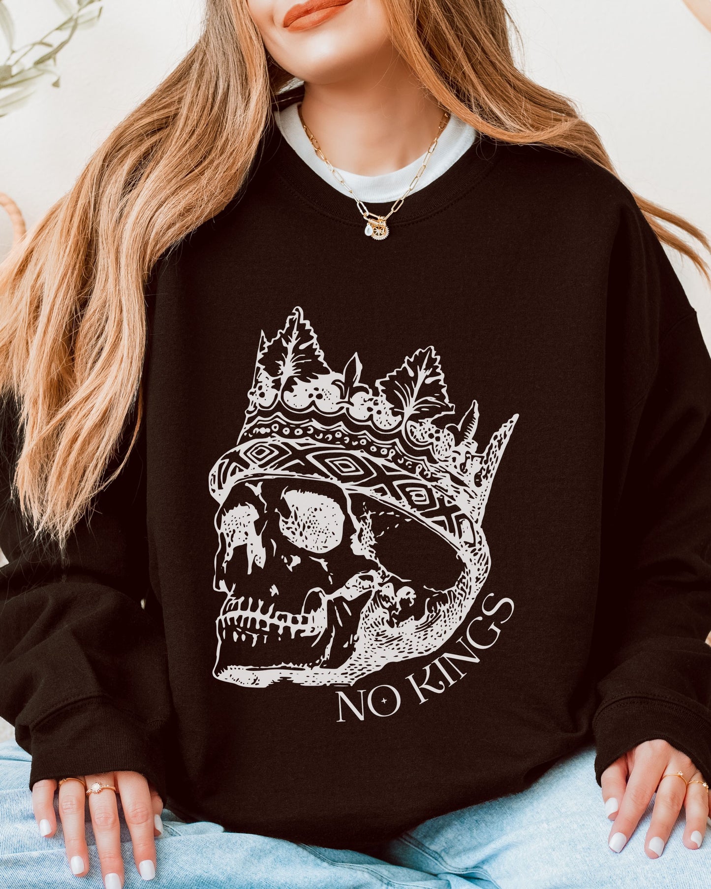 No Kings Sweatshirt – Gildan Skull Crown Political Protest Crewneck