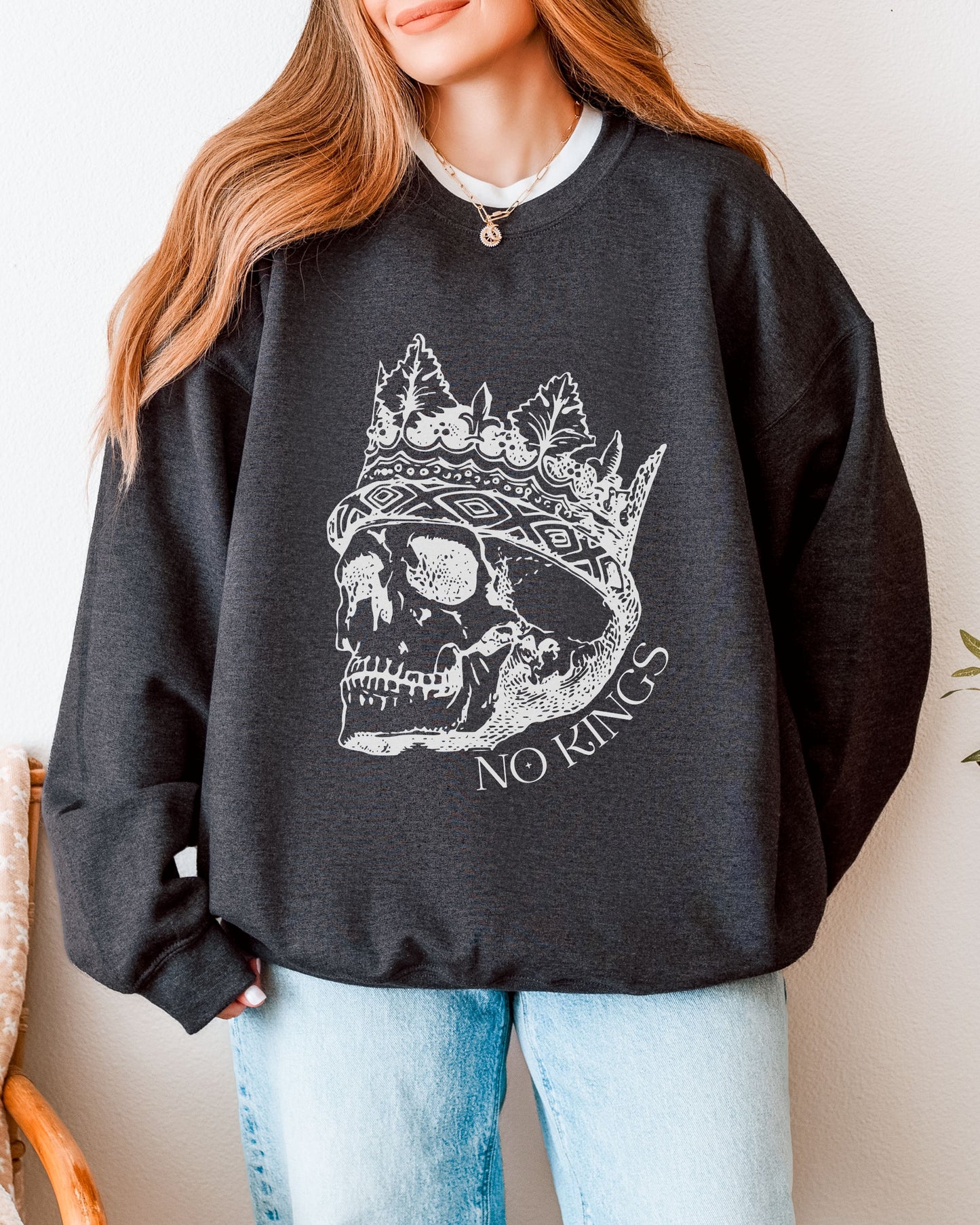No Kings Sweatshirt – Gildan Skull Crown Political Protest Crewneck