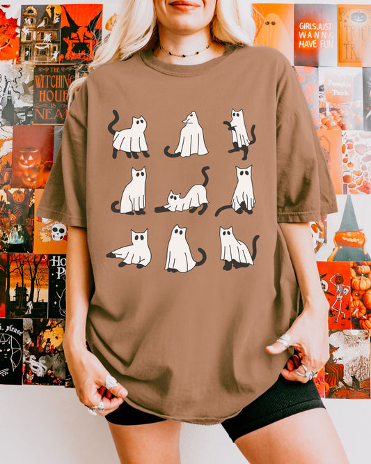 Cute Ghost Cats T-Shirt – Comfort Colors Vintage Halloween Cat Graphic Tee
