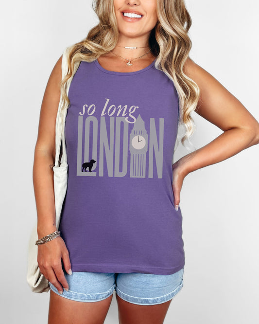 So Long London Tank Top – Comfort Colors with Dog & Clock Graphic