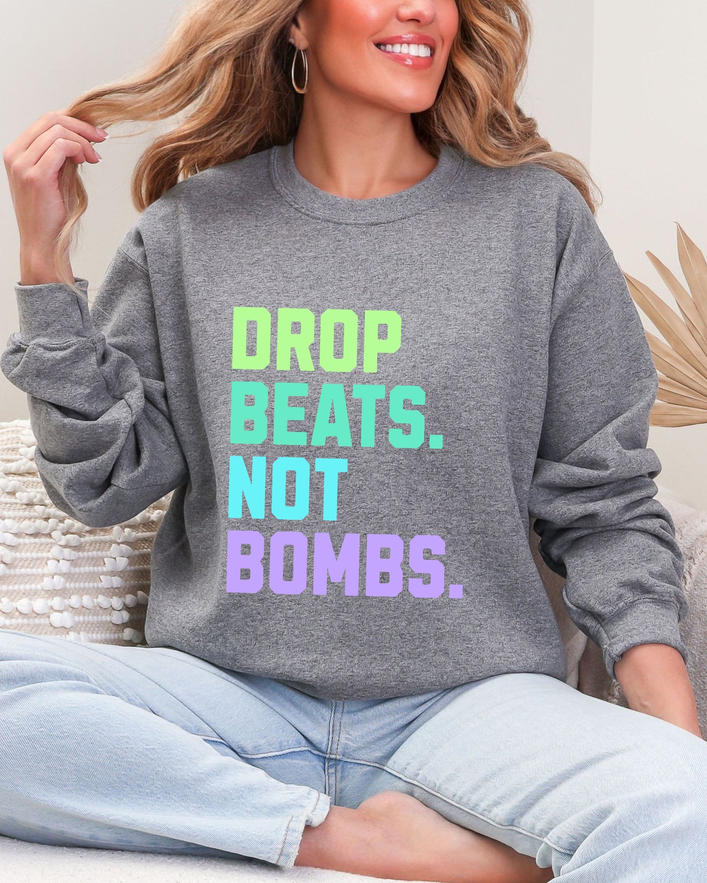 Drop Beats Not Bombs Sweatshirt – Gildan Colorful Peace Music Crewneck
