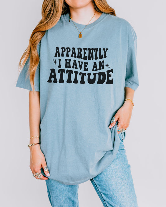 woman wearing sarcastic graphic tee printed on Ice Blue color Comfort Colors tee with attitude message in retro wavy font
