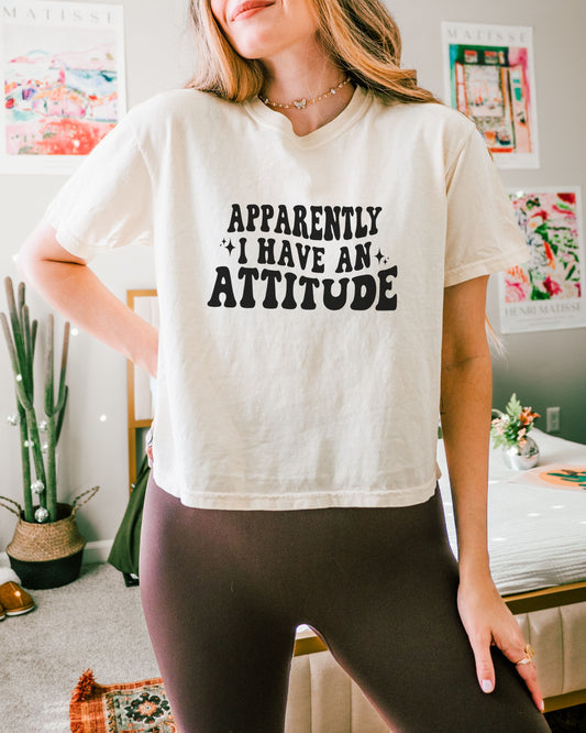 woman wearing sarcastic attitude shirt in retro font
