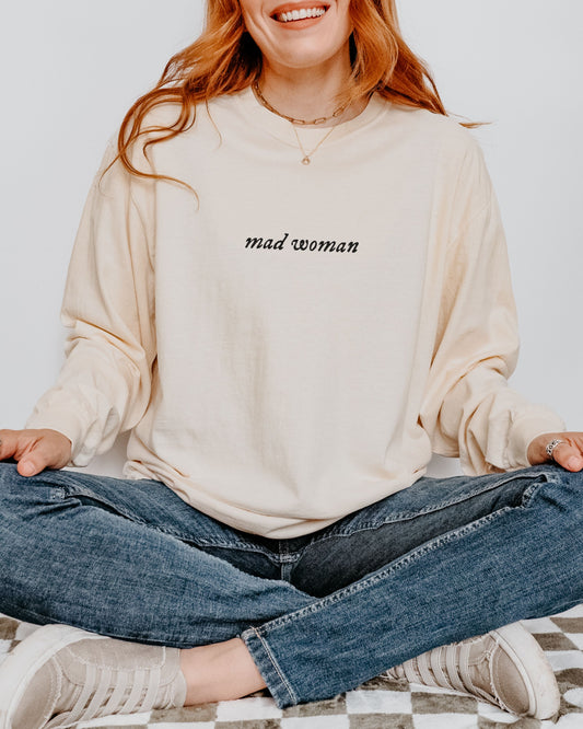 Mad Woman Long Sleeve Shirt – Comfort Colors Vintage Folk-Inspired Tee