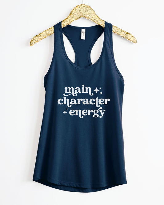 Navy tank top with 'main character energy' text on a white background