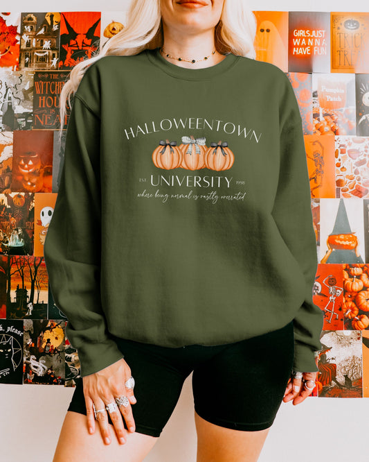 Halloweentown University Sweatshirt – Gildan Crewneck with Coquette Pumpkins