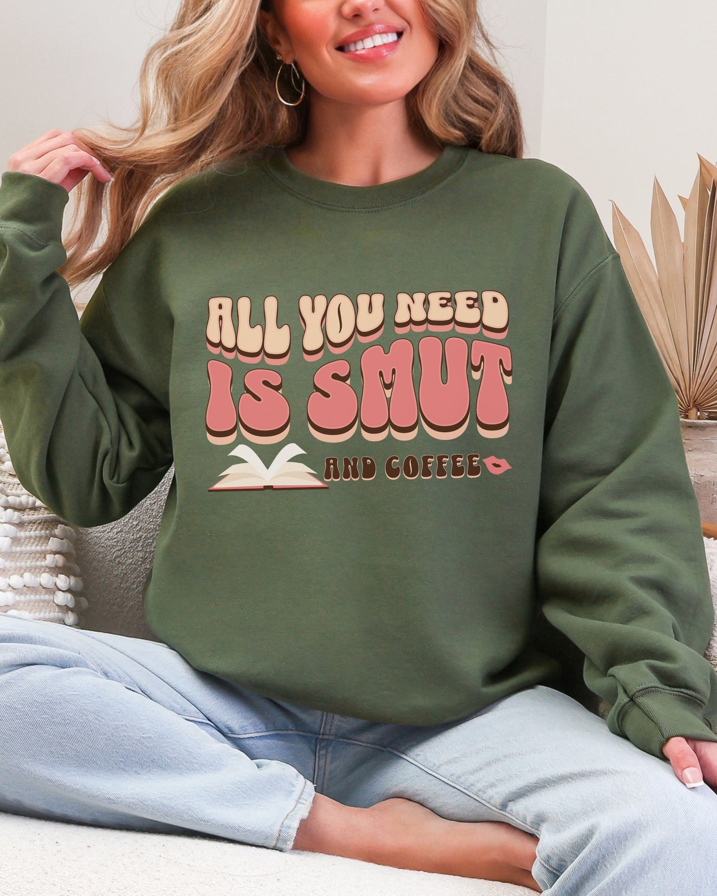 All You Need Is Smut and Coffee Sweatshirt – Gildan Bookish Retro Crewneck