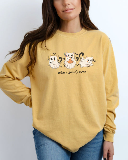 What a Ghostly Scene Long Sleeve Shirt – Comfort Colors with Cute Ghost Cats