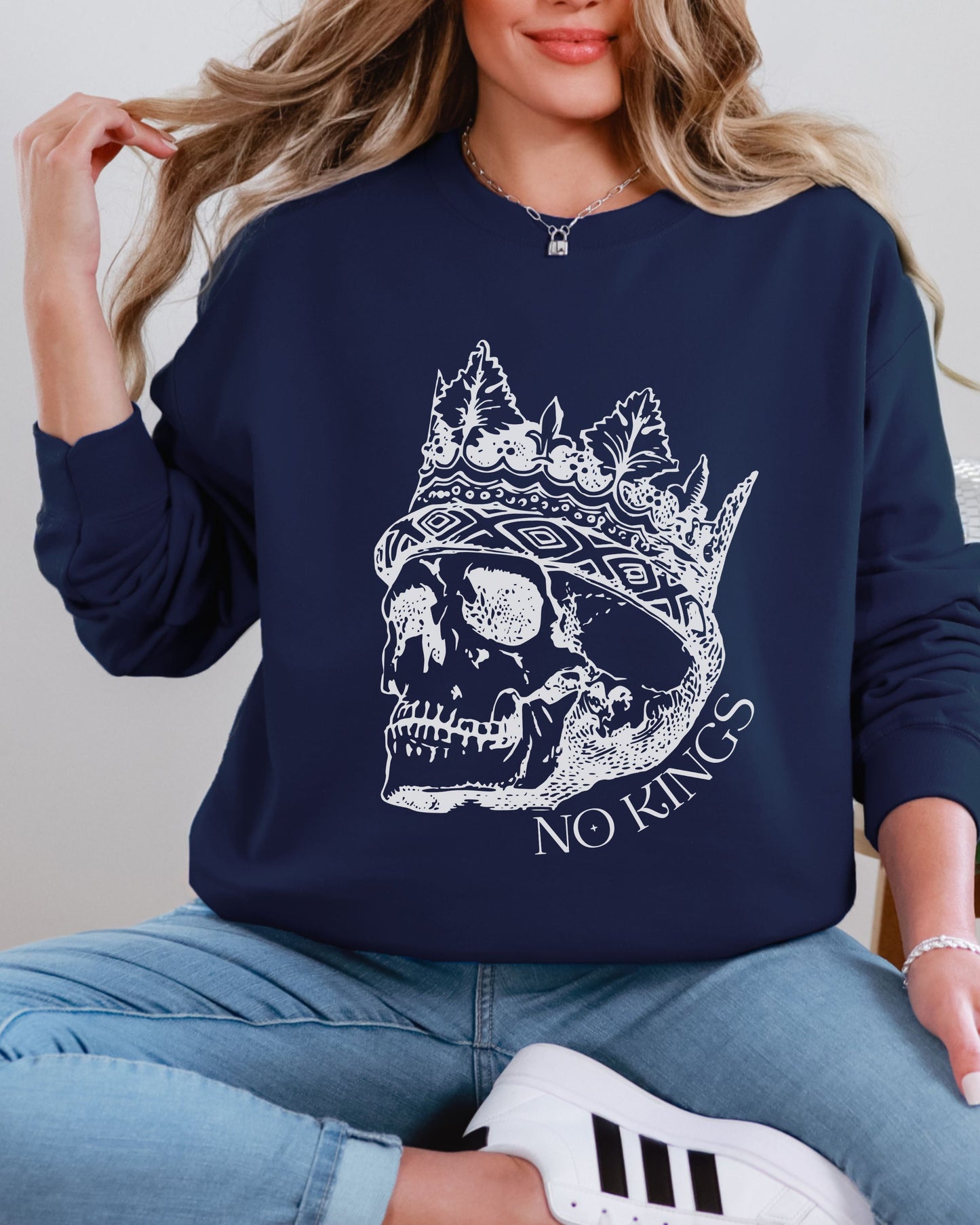 No Kings Sweatshirt – Gildan Skull Crown Political Protest Crewneck