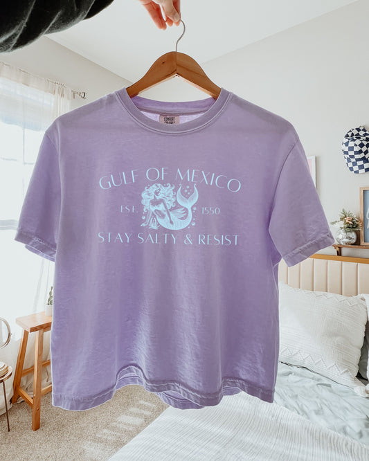 Purple t-shirt with graphic design and text on a hanger in a room.