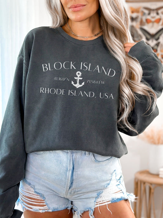 Block Island Rhode Island Sweatshirt – Comfort Colors Crewneck with Anchor & Coordinates