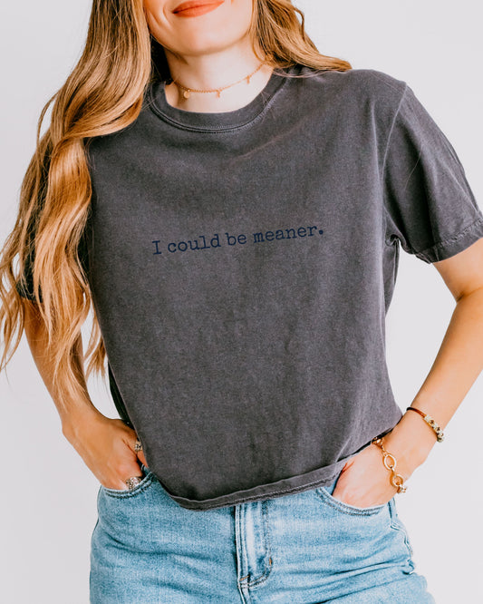 woman wearing edgy comfort colors crop top in color pepper grey with sarcastic text design