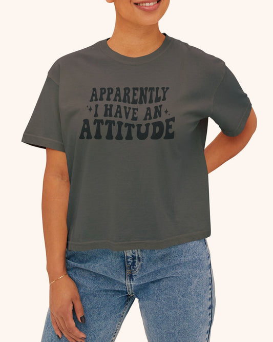 woman wearing sarcastic attitude shirt in retro font

