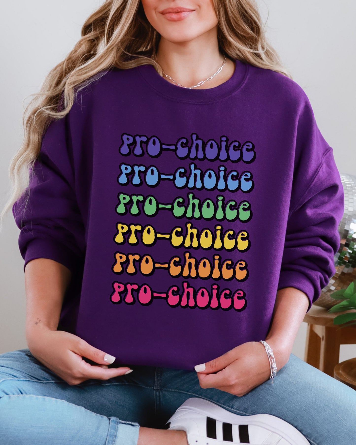 Pro-Choice Sweatshirt – Retro Rainbow Feminist Crewneck with Social Justice Statement