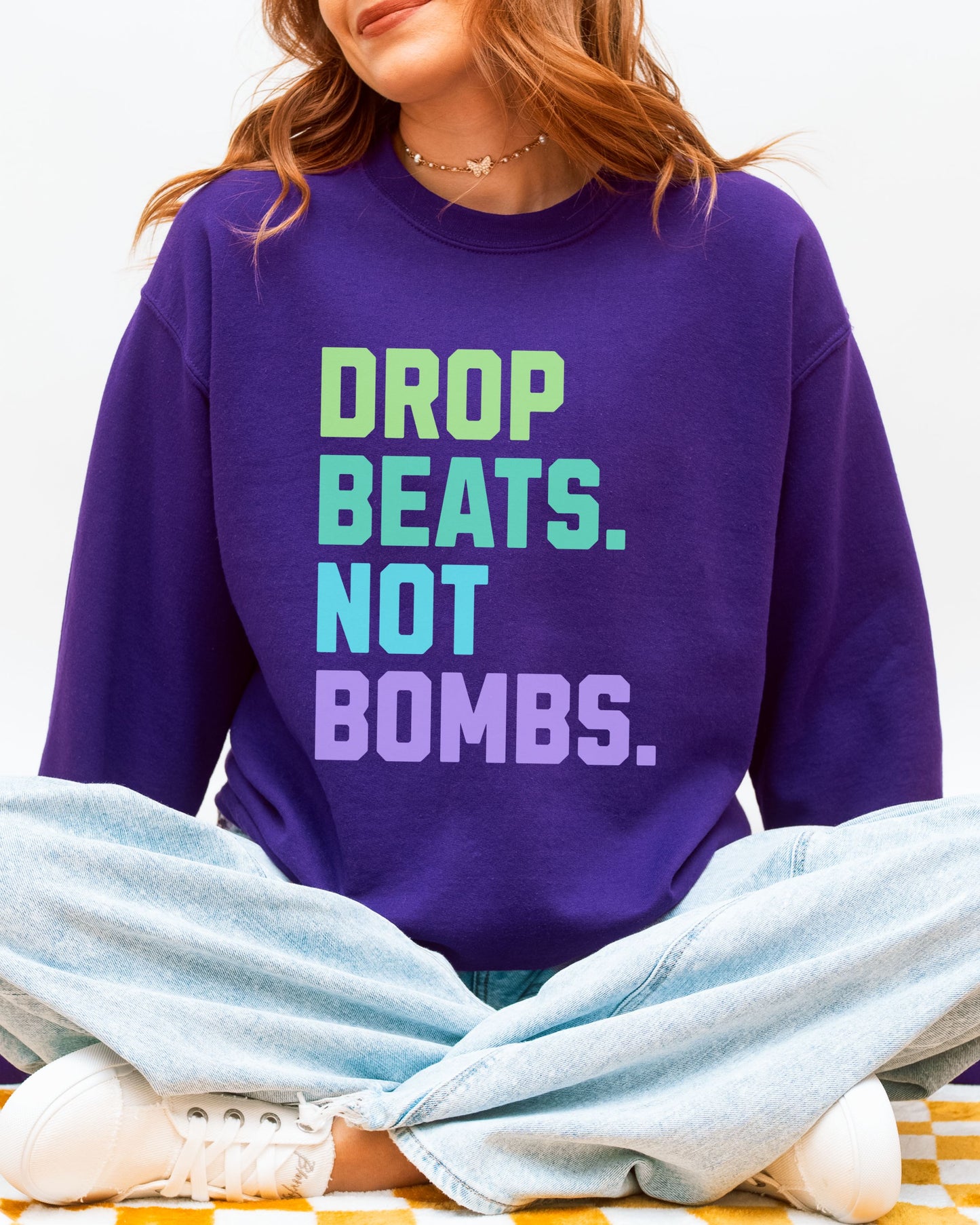 Drop Beats Not Bombs Sweatshirt – Gildan Colorful Peace Music Crewneck
