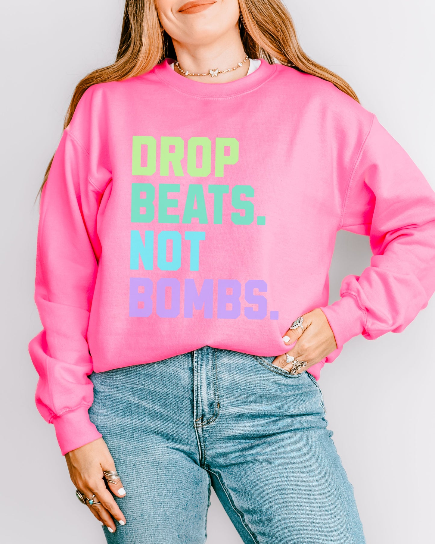 Drop Beats Not Bombs Sweatshirt – Gildan Colorful Peace Music Crewneck