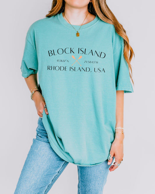 Block Island Rhode Island T-Shirt – Comfort Colors Nautical Tee with Crossed Paddles & Coordinates
