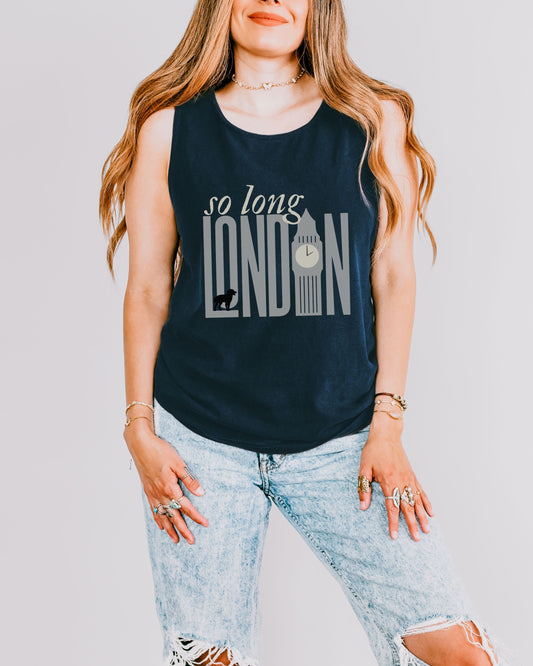 So Long London Tank Top – Comfort Colors with Dog & Clock Graphic