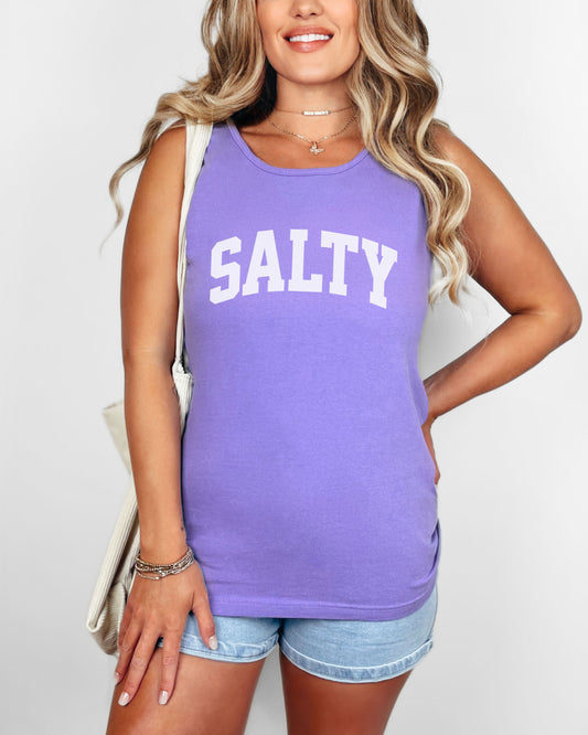 Woman wearing a purple tank top with 'SALTY' text on a plain background
