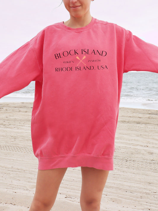 Block Island Rhode Island Sweatshirt – Comfort Colors Crewneck with Crossed Paddles & Coordinates