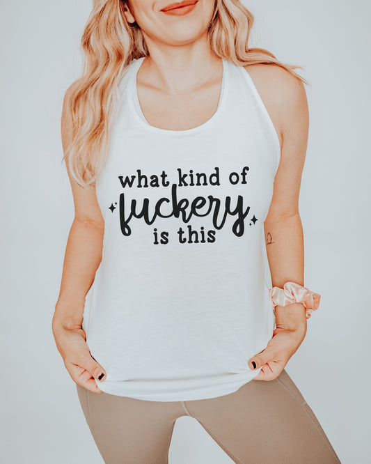 Person wearing a white tank top with black text on a plain background