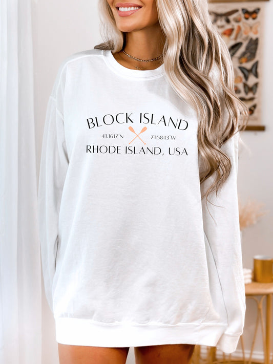 Block Island Rhode Island Sweatshirt – Comfort Colors Crewneck with Crossed Paddles & Coordinates