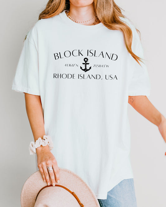 Block Island Rhode Island T-Shirt – Comfort Colors Nautical Tee with Anchor & Coordinates