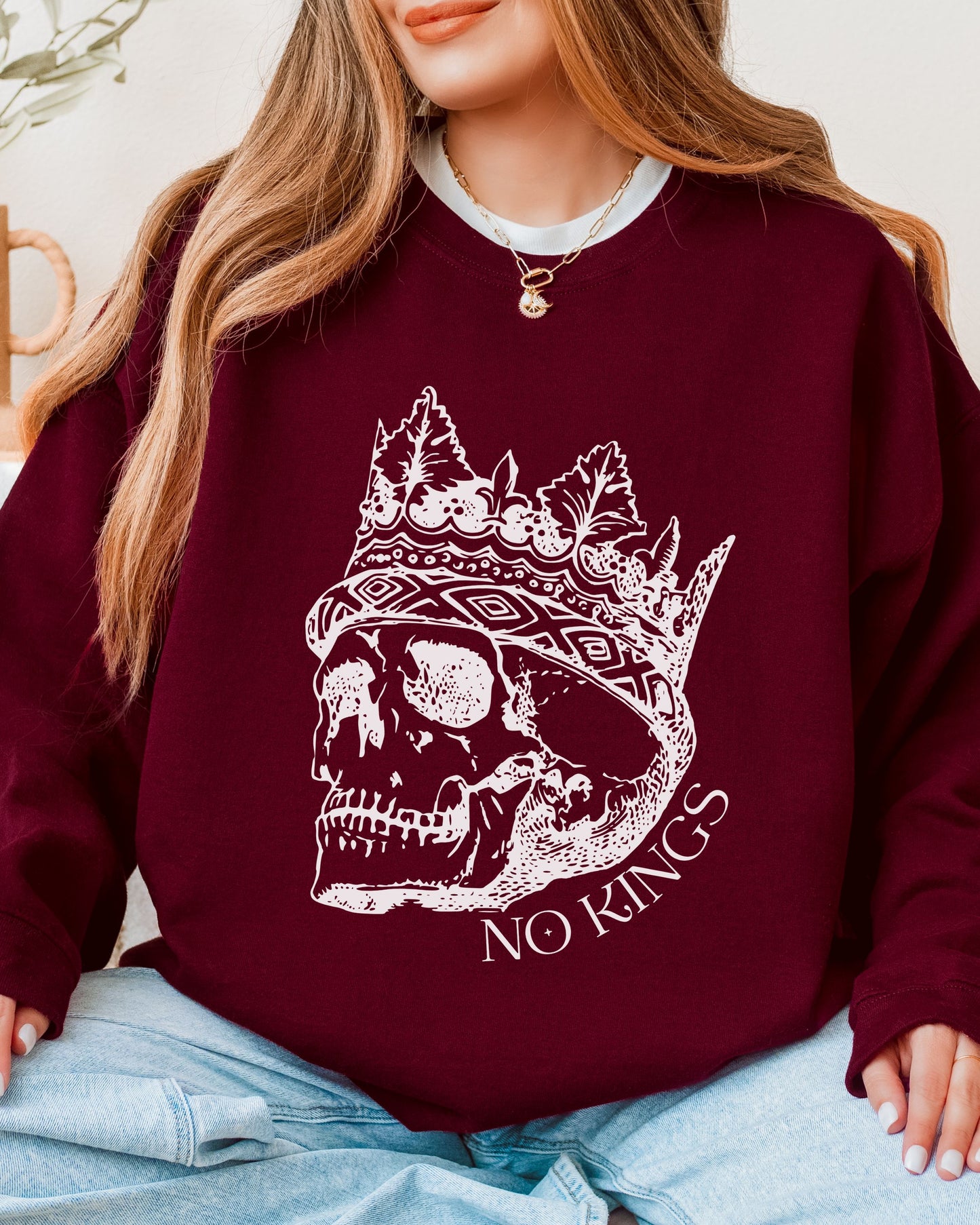 No Kings Sweatshirt – Gildan Skull Crown Political Protest Crewneck