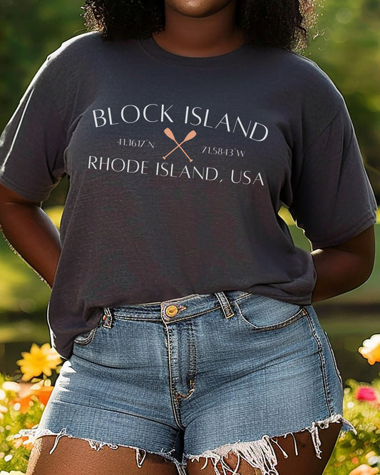 Block Island Rhode Island T-Shirt – Comfort Colors Nautical Tee with Crossed Paddles & Coordinates